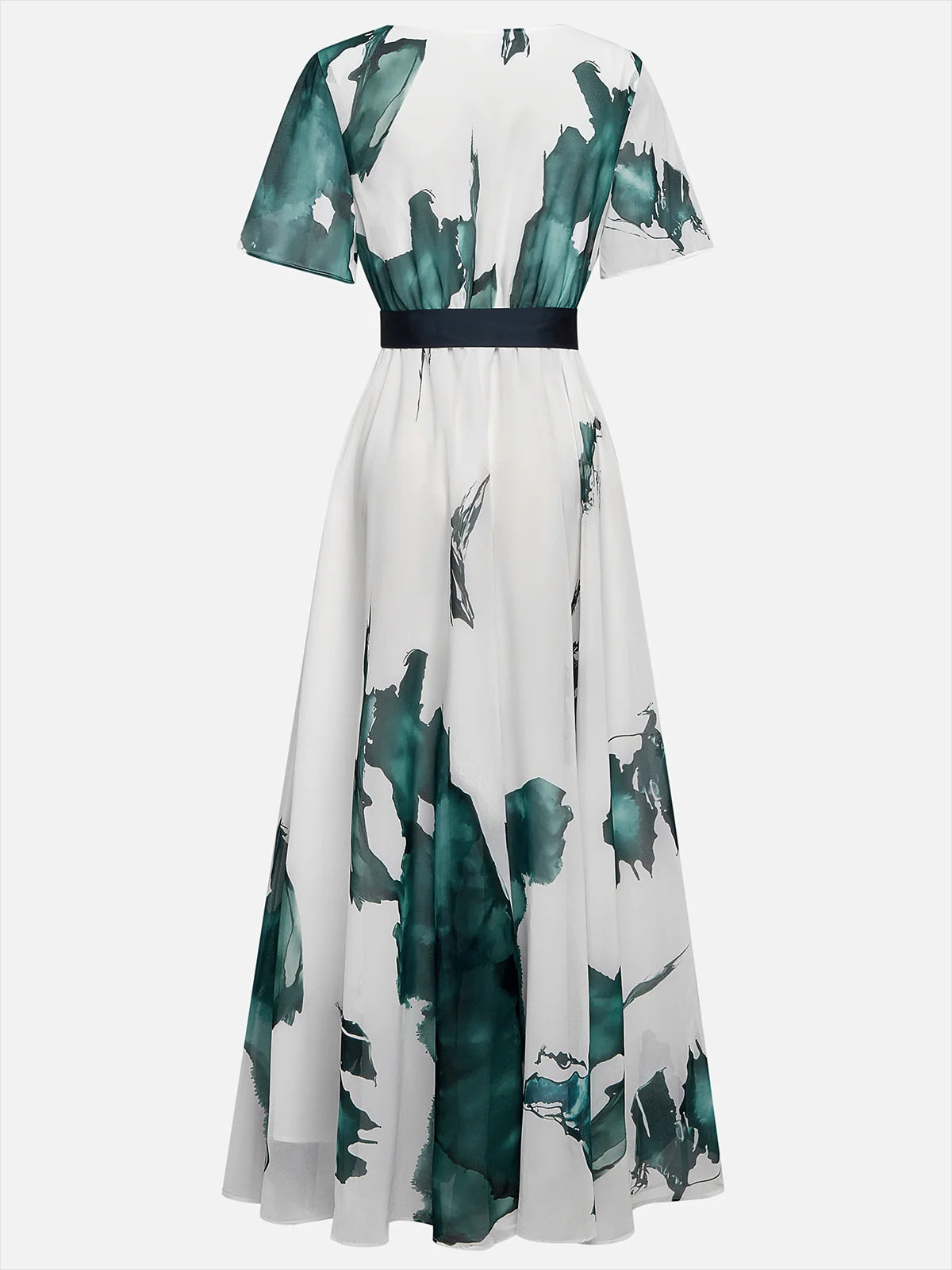 Chiffon Maxi Dress with Belted Waist and Flowing Full Skirt