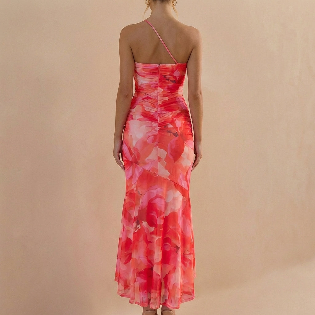 Fitted One-Shoulder Mesh Overlay Maxi Dress with Ruched Detail