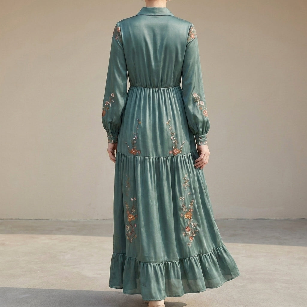 Bohemian Embroidered Sheer Sleeve Maxi Dress with Tiered Ruffles