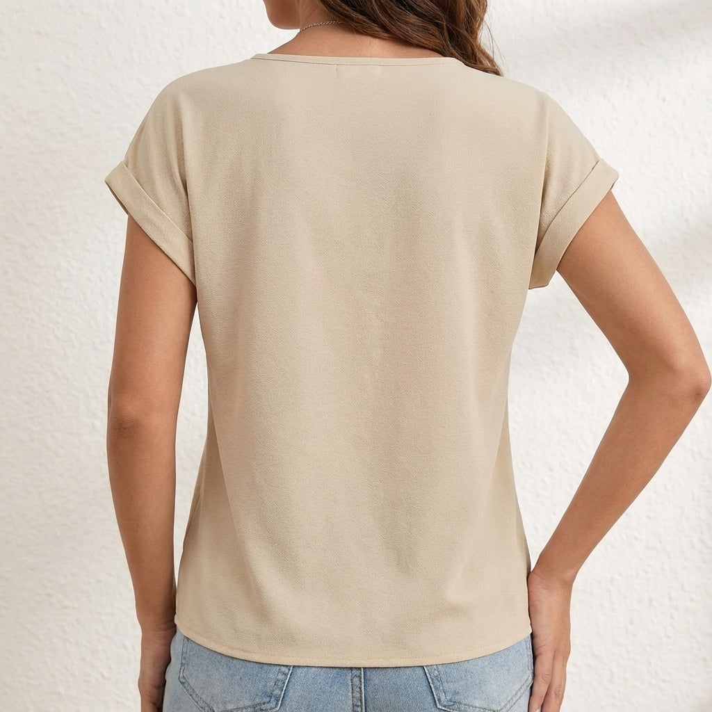 Relaxed V-Neck Top with Twist Front and Cuffed Sleeves