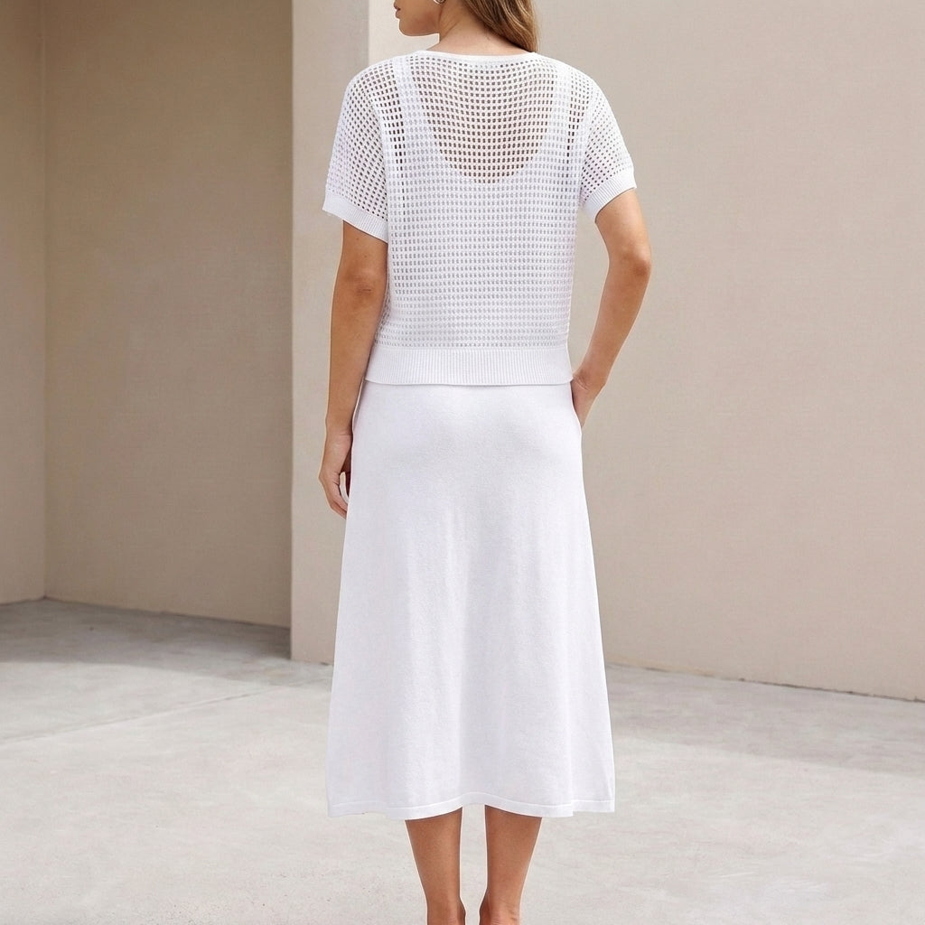 Flowing Midi Dress and Cropped Open-Knit Mesh Top Set