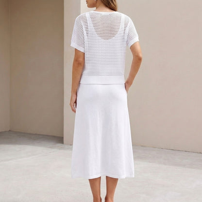 Flowing Midi Dress and Cropped Open-Knit Mesh Top Set