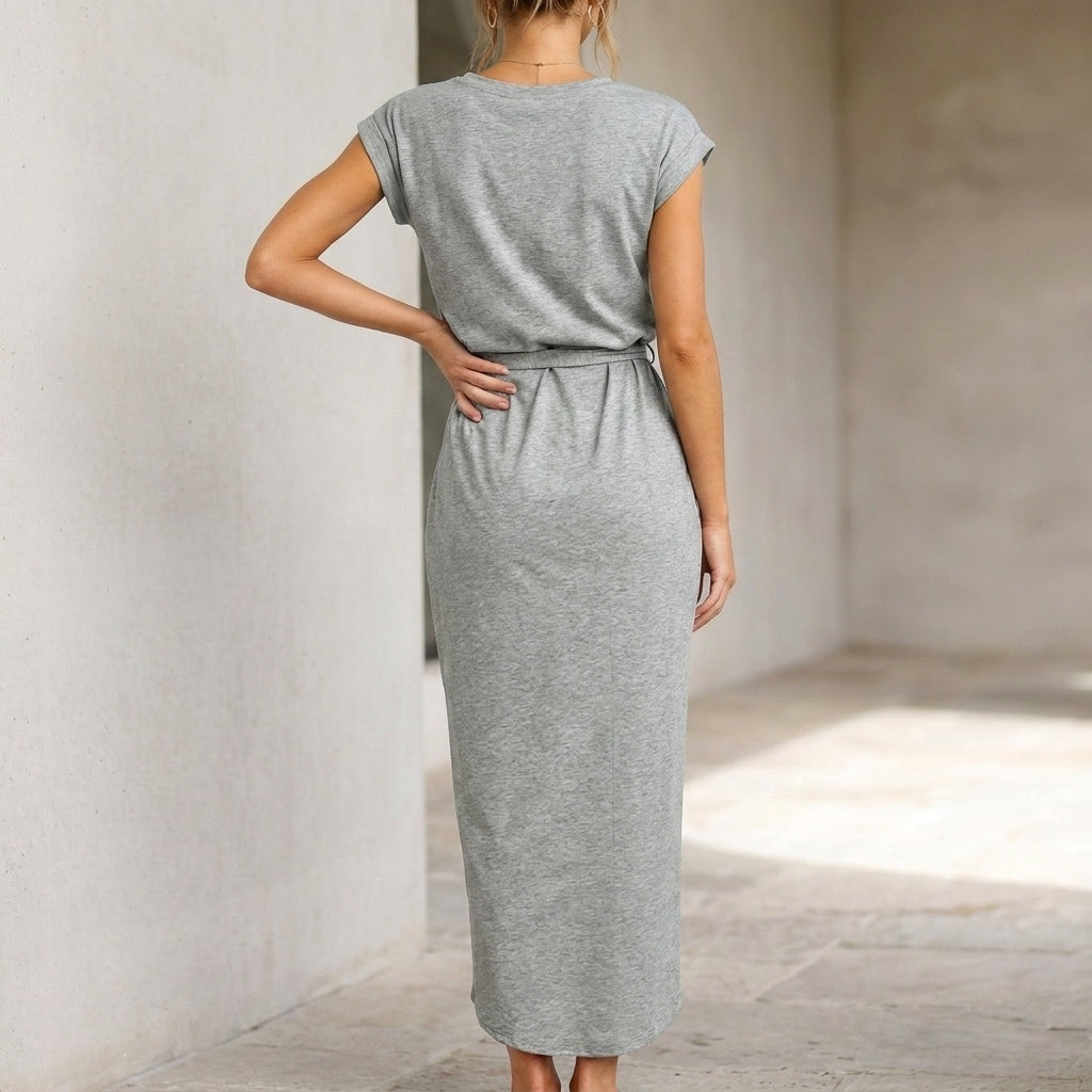 Relaxed Midi Dress with Self-Tie Belt and High Slit