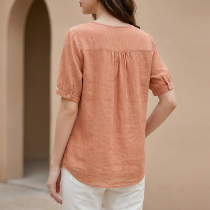 Embroidered V-Neck Blouse with Textured High-Low Hem and Soft Draping