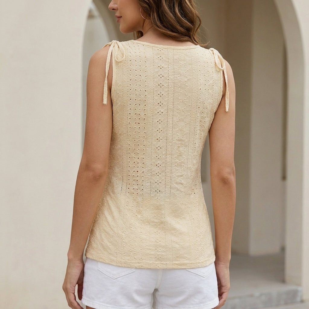 Relaxed Sleeveless Button-Front Tank with Geometric Eyelet Detailing