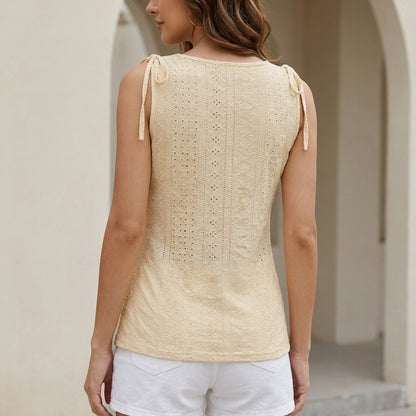 Relaxed Sleeveless Button-Front Tank with Geometric Eyelet Detailing