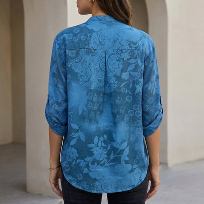 Relaxed Floral Burnout Blouse with Adjustable Roll-Tab Sleeves