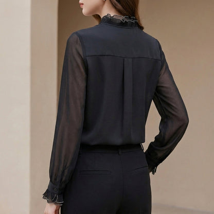 Elegant Long Sleeve Sheer Chiffon Blouse with Ruffled V-Neckline