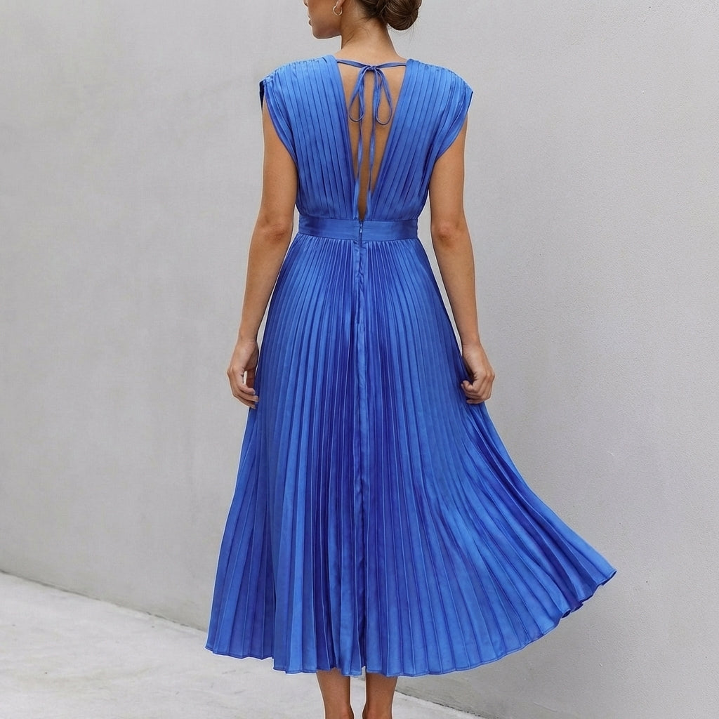 Alaina Midi Dress with Draped Bodice and Defined Waist