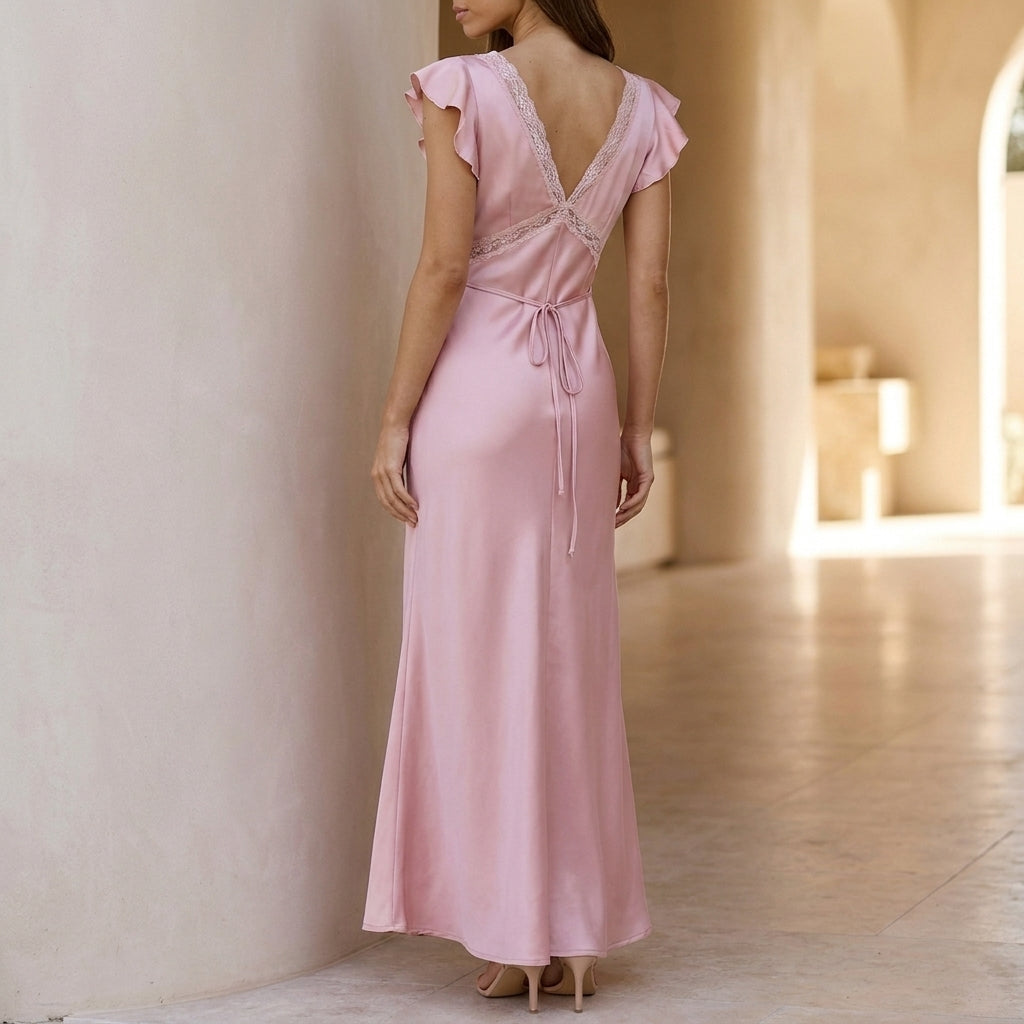 Flowing Maxi Dress with Lace-Trimmed Deep V-Neck and Ruffled Cap Sleeves
