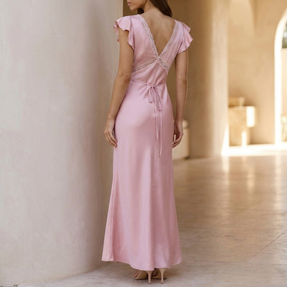 Flowing Maxi Dress with Lace-Trimmed Deep V-Neck and Ruffled Cap Sleeves