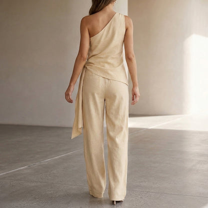 Tailored Asymmetrical One-Shoulder Draped Two-Piece with Wide-Leg Trousers
