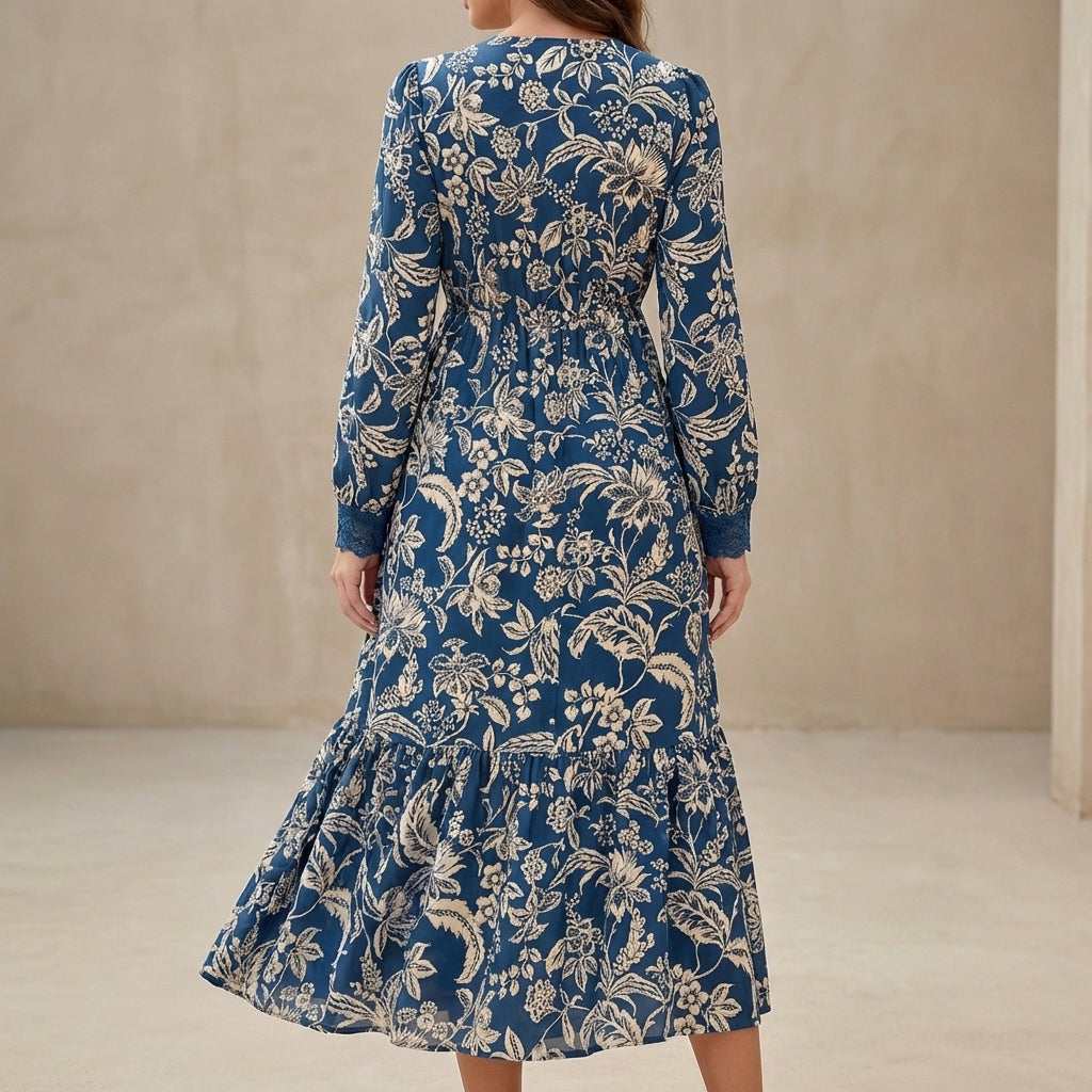 Flowing V-Neck Maxi Dress with Lace Trim and Tiered Skirt