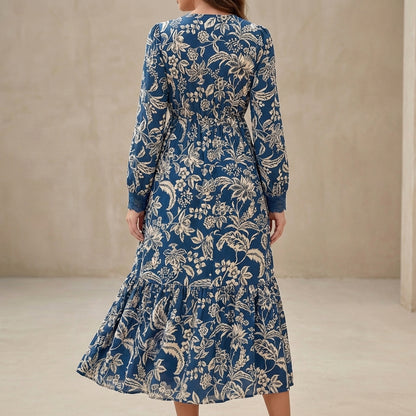 Flowing V-Neck Maxi Dress with Lace Trim and Tiered Skirt