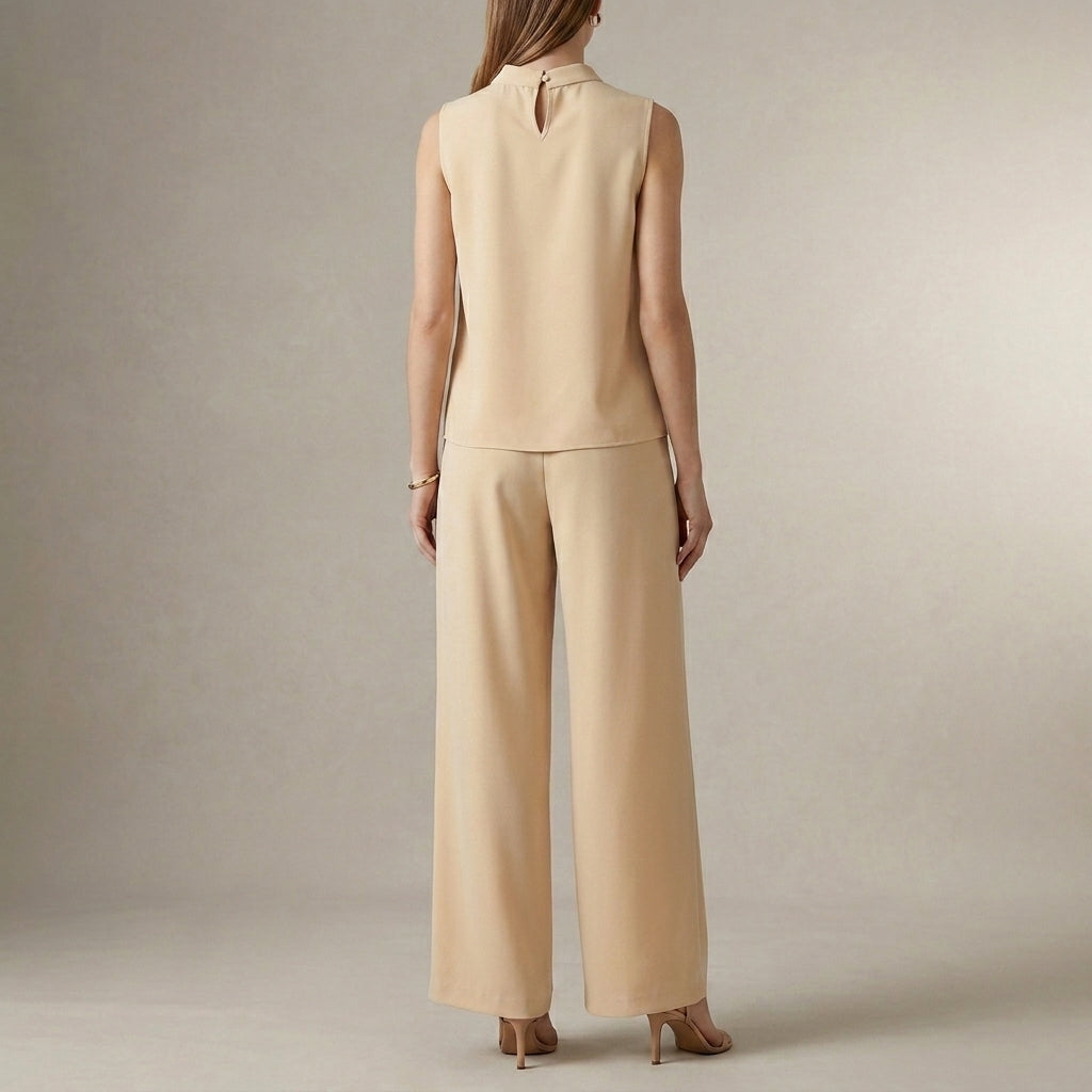 Tailored Sleeveless Mock-Neck Top with High-Waisted Wide-Leg Trousers Set