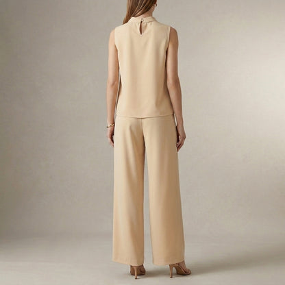 Tailored Sleeveless Mock-Neck Top with High-Waisted Wide-Leg Trousers Set