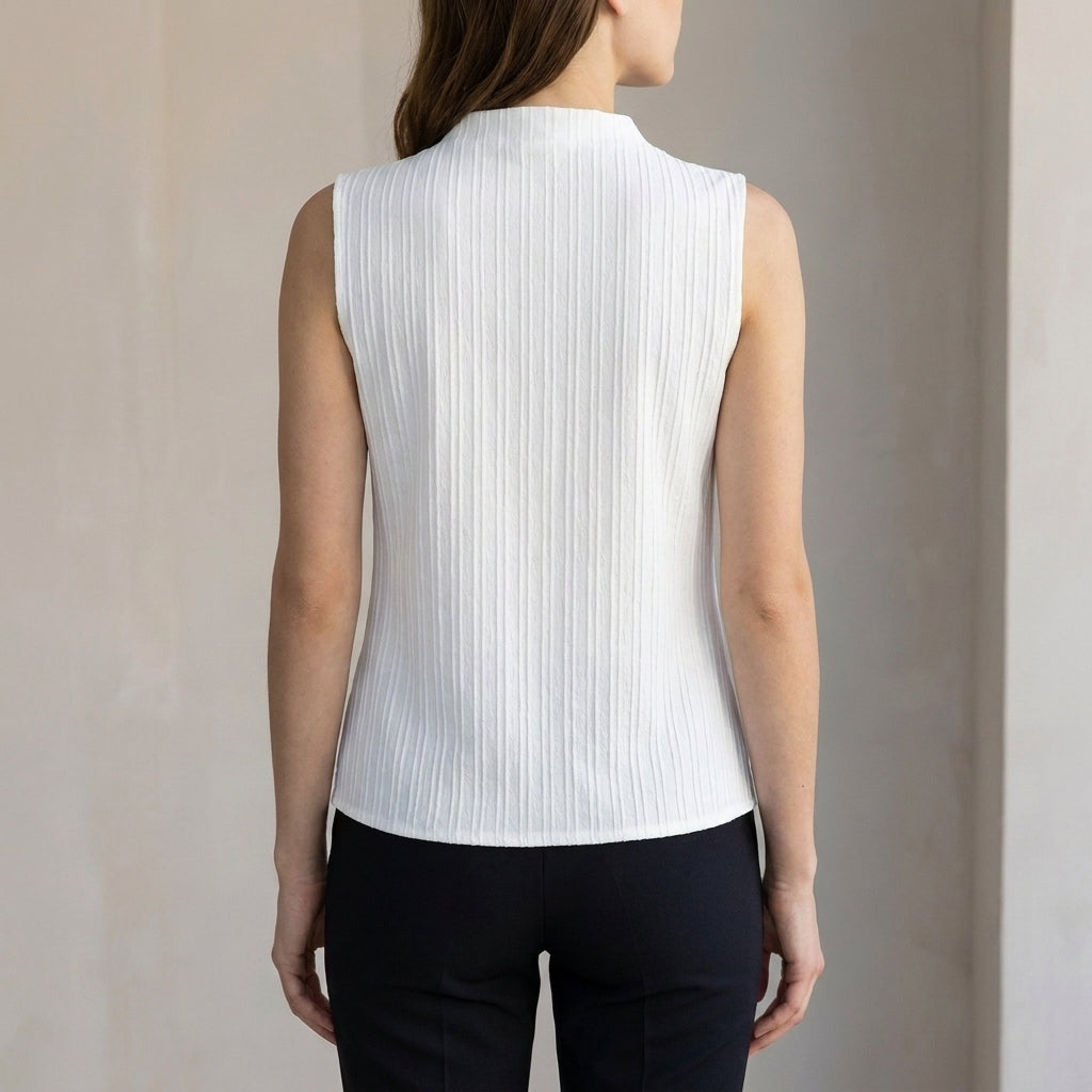 Slim-Fit Sleeveless Top with Textured Pleats and Split V-Neck Collar