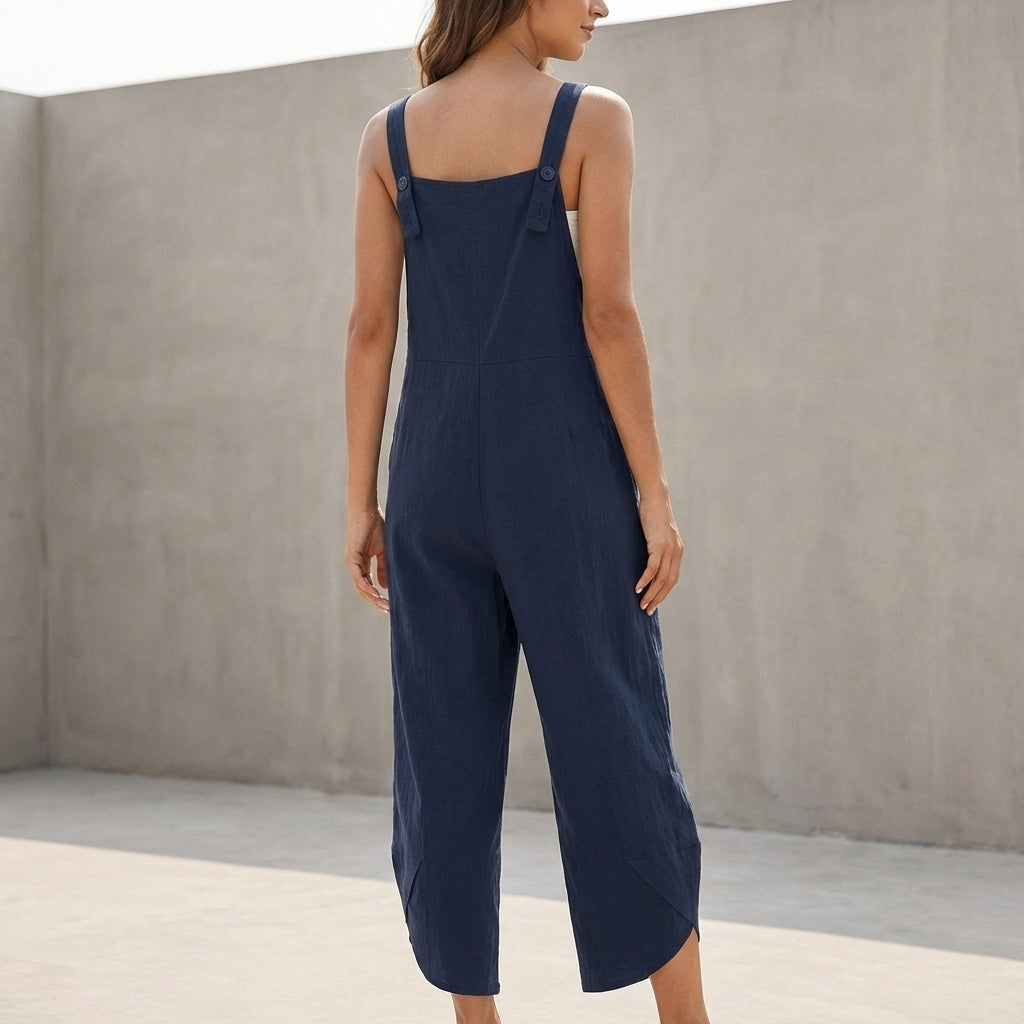 Oversized Wide-Leg Suspender Jumpsuit with Square Neckline and Pockets
