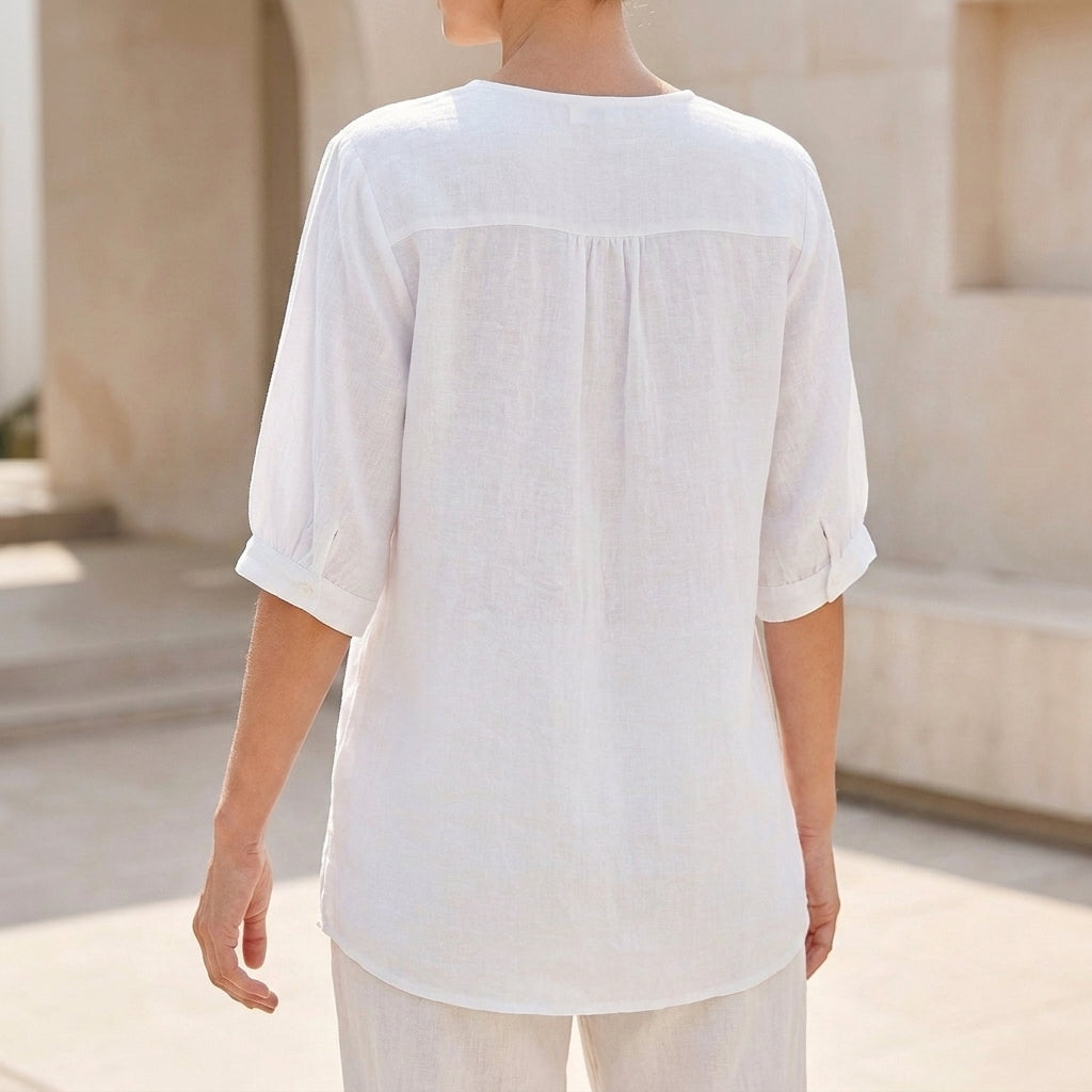 Relaxed Woven Blouse with Notched V-Neckline and Floral Embroidery