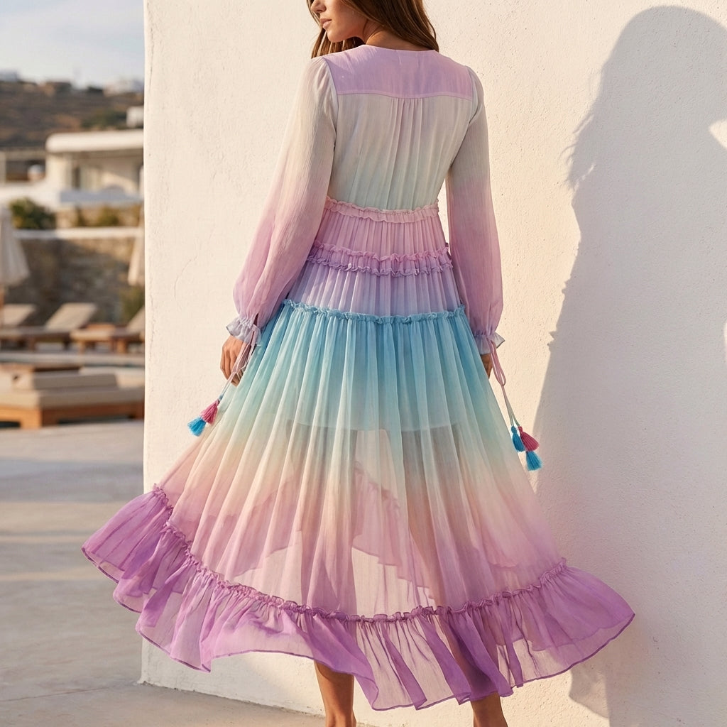 Bohemian Tiered Maxi Dress with Plunging Neckline and Ruffled Hem