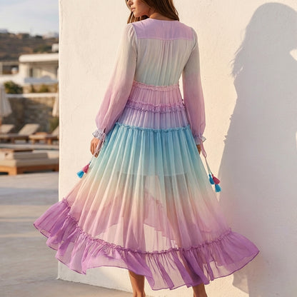 Bohemian Tiered Maxi Dress with Plunging Neckline and Ruffled Hem