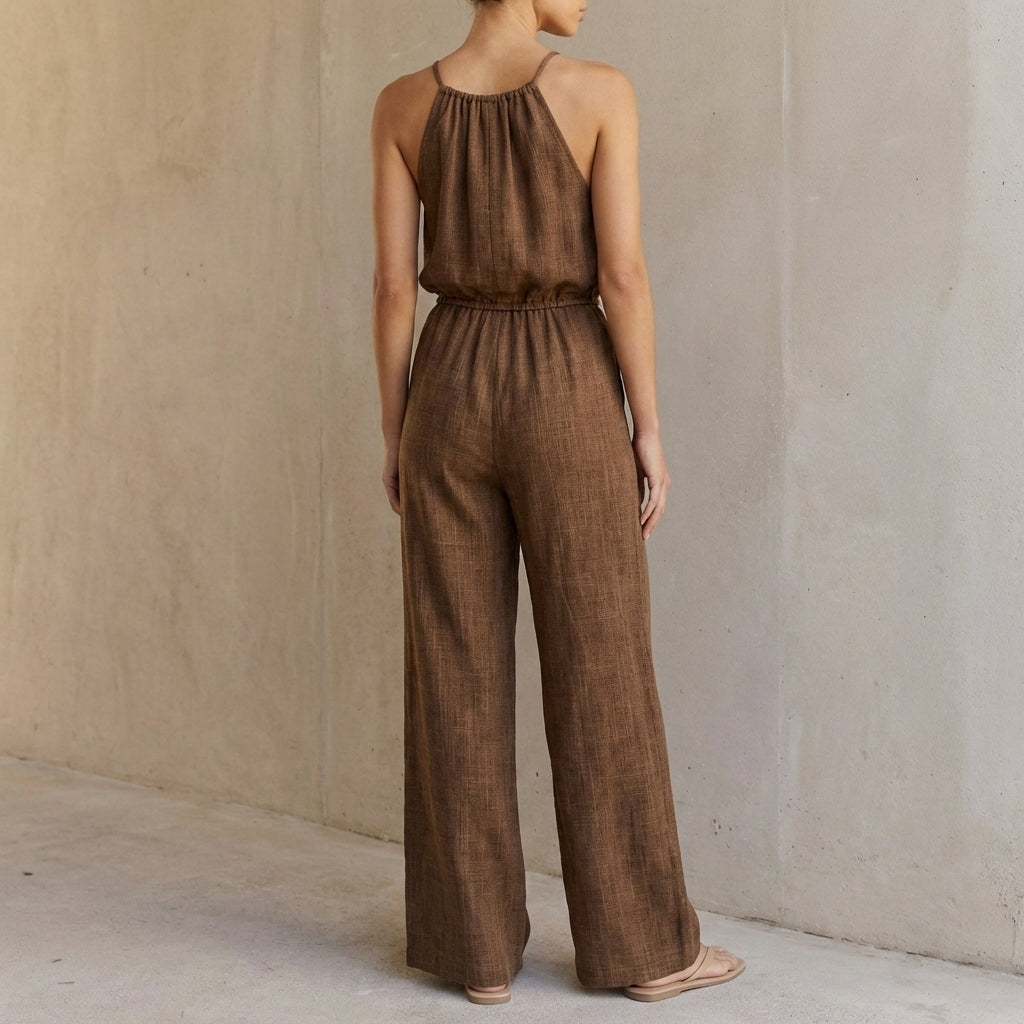 Woven Wide-Leg Drawstring Jumpsuit with Gathered High Neckline