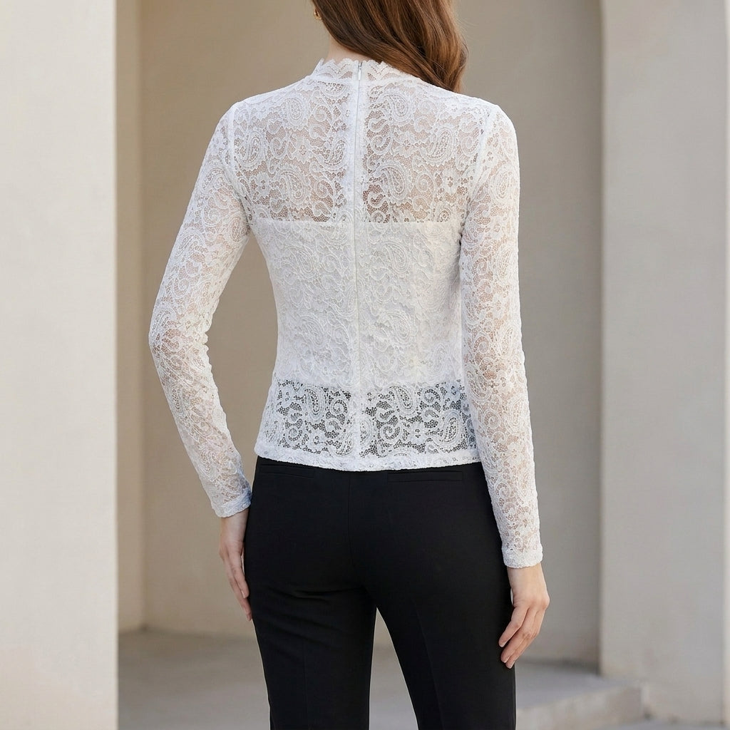 Fitted Floral Lace Long-Sleeve Top with High Neck and Scalloped Edges