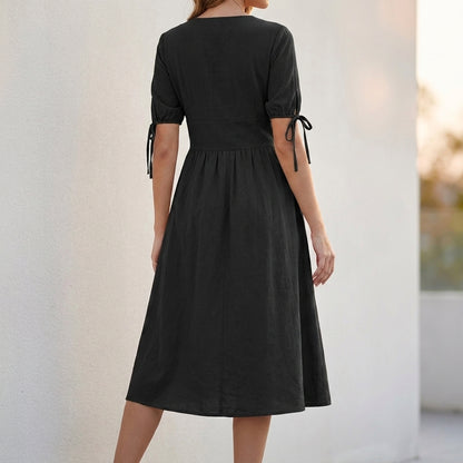 Structured Woven A-Line Midi Dress with V-Neck and Adjustable Sleeves