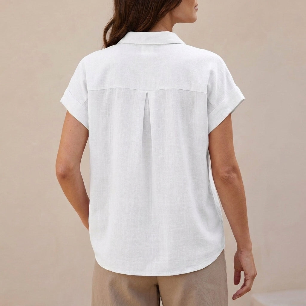 Relaxed Short-Sleeve Blouse with Delicate Crochet Lace Accents