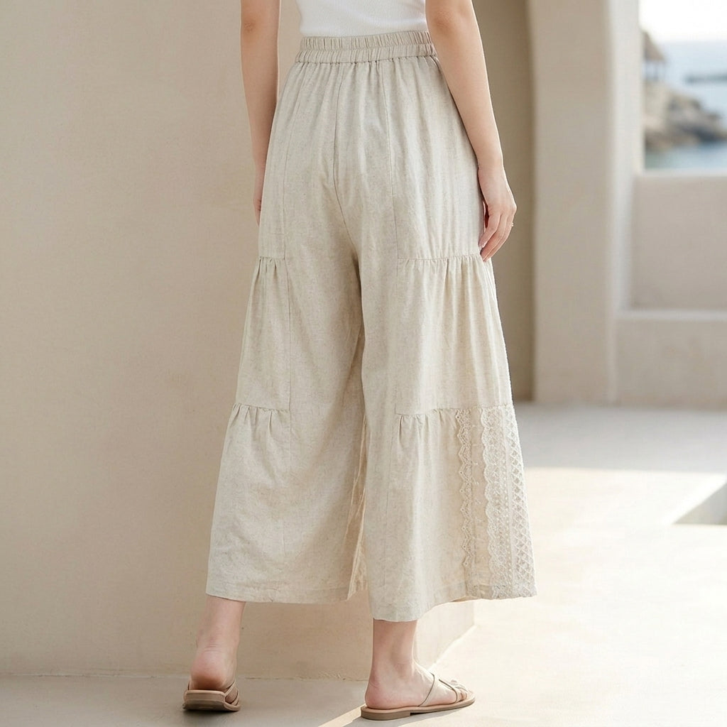 Women's Tiered Wide-Leg Cropped Pants with Lace Insets and Pockets