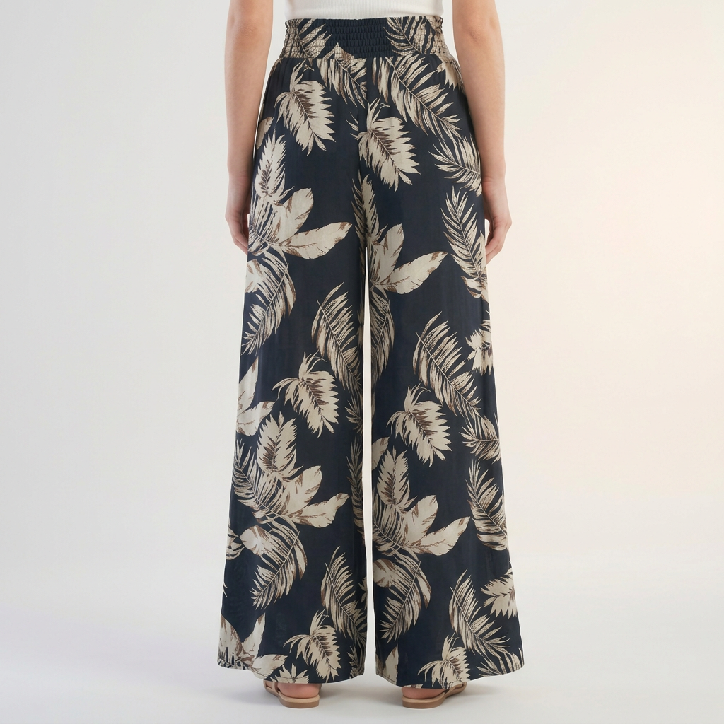 Flowing Tropical Leaf Print Palazzo Pants with Ruched Waist and Pockets