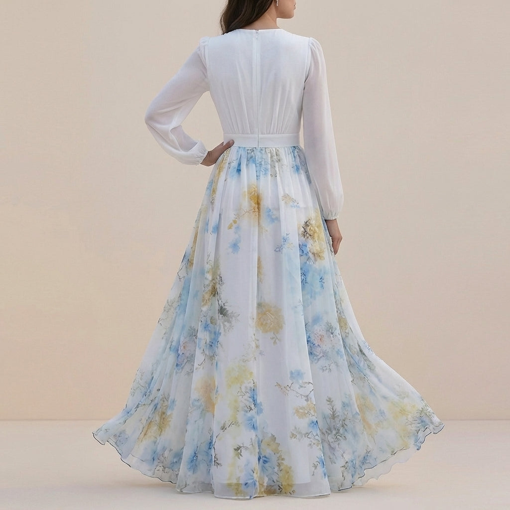 Chiffon Floral Maxi Dress with Flowing Sleeves and Belted Waist