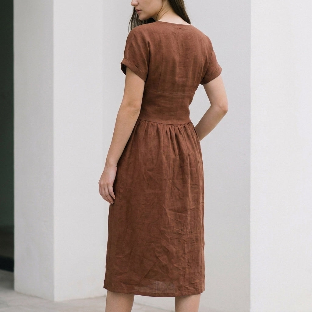 Relaxed Wrap-Front Midi Dress with Tie Waist and Patch Pockets