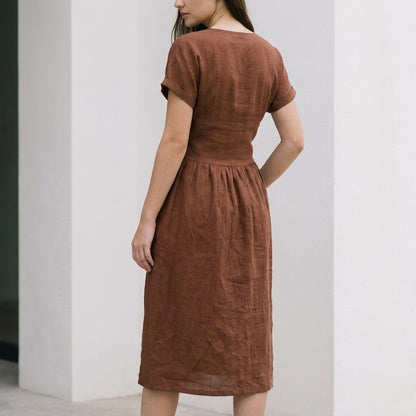 Relaxed Wrap-Front Midi Dress with Tie Waist and Patch Pockets