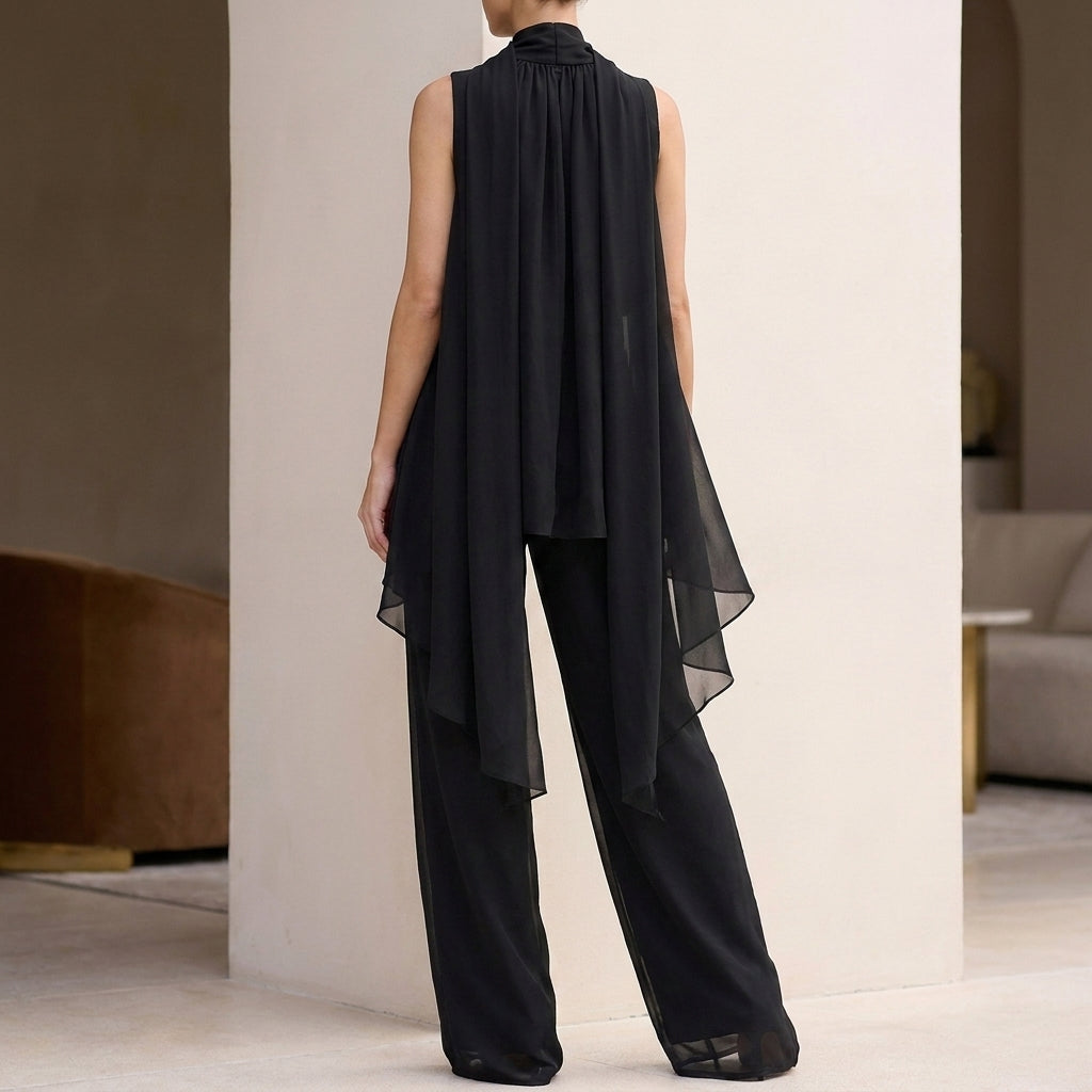 Flowing Chiffon Halter Top and Pants Set with Pleated High-Neck and Tiered Hem
