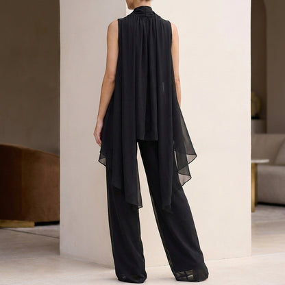Flowing Chiffon Halter Top and Pants Set with Pleated High-Neck and Tiered Hem