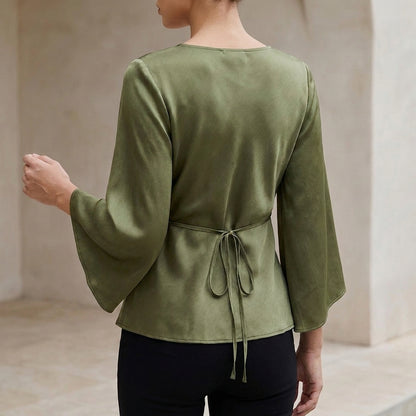 Women's Tailored Tie-Front Blouse with Empire Waist and Flared Sleeves