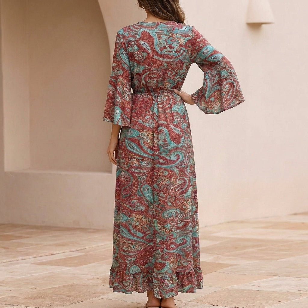 Flowing Bohemian Maxi Dress with Tiered Ruffles and Trumpet Sleeves
