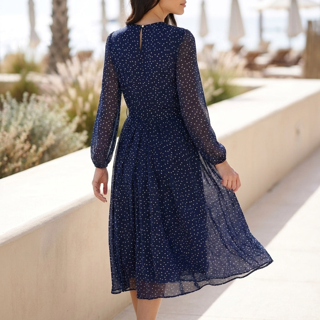 Polka Dot A-Line Midi Dress with Tie-Waist and Sheer Sleeves