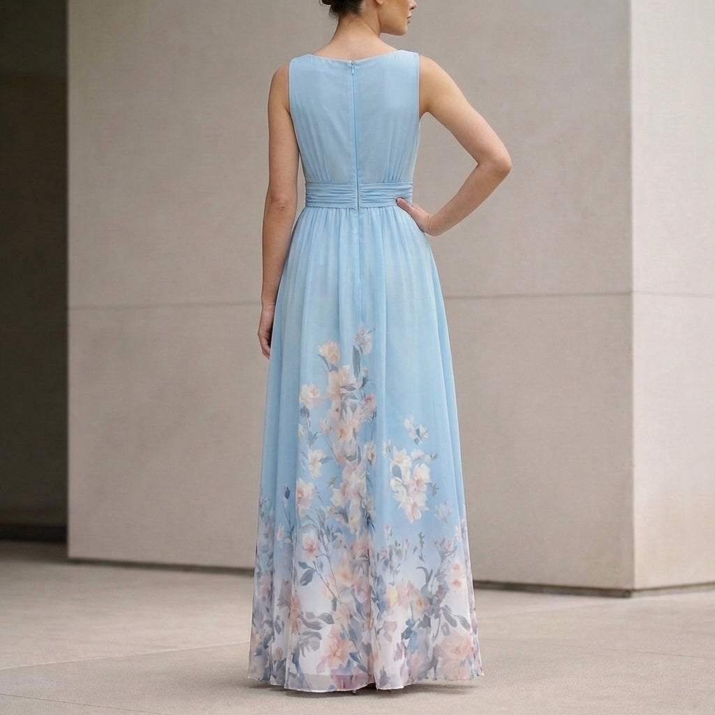 Elegant Flowing Chiffon Maxi Gown with Draped V-Neck and Floral Detail