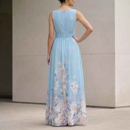Elegant Flowing Chiffon Maxi Gown with Draped V-Neck and Floral Detail