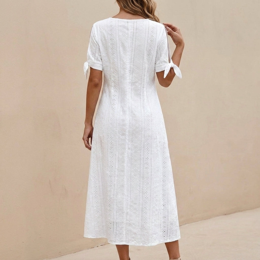 Boho-Inspired Eyelet Embroidered Midi Dress with Scalloped V-Neckline