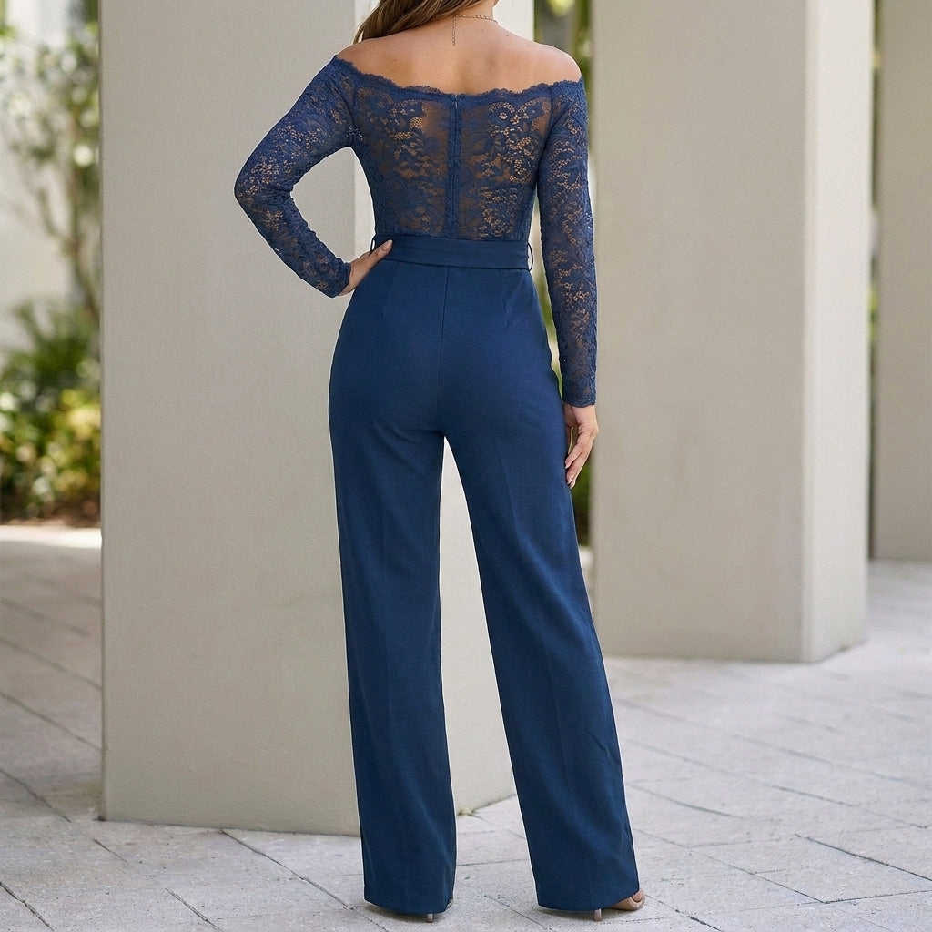 Off-the-Shoulder Lace Bodice Wide-Leg Jumpsuit with Tie Waist