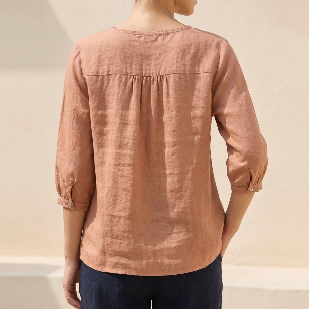 Relaxed Embroidered Blouse with Lace Trim and Pintuck Detail