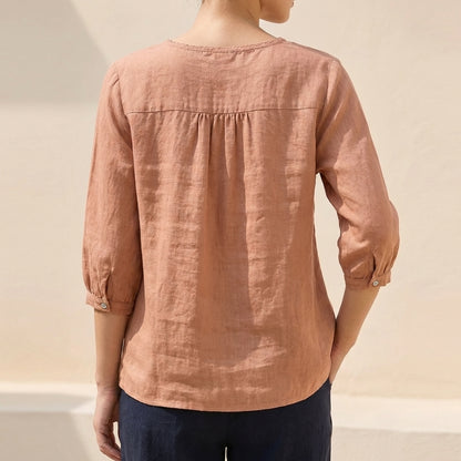 Relaxed Embroidered Blouse with Lace Trim and Pintuck Detail