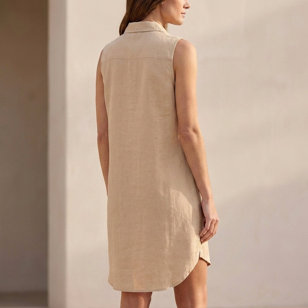 Sleeveless Mini Shirt Dress with Stand Collar and Curved Hemline