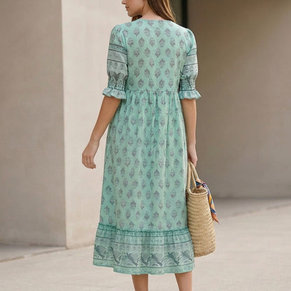 Bohemian V-Neck Maxi Dress with Lantern Sleeves and Tiered Skirt