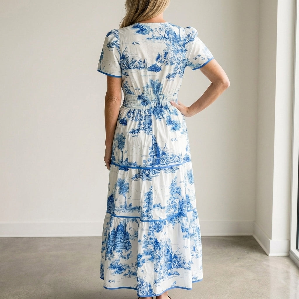 Camille Elegant Maxi Dress with Tiered Skirt and Puff Sleeves