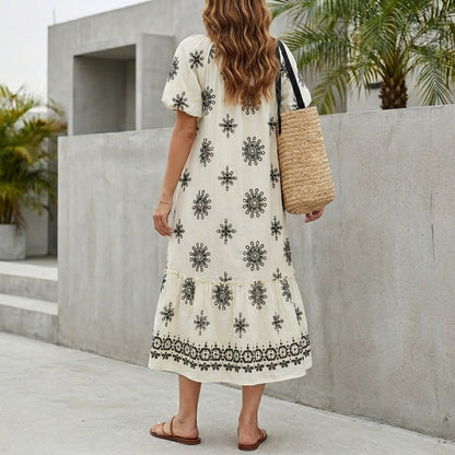 Bohemian Maxi Dress with Tiered Skirt and Ruffled Hemline