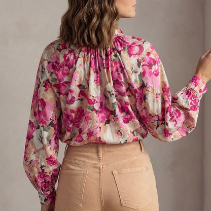 Flowing Floral Ruffle-Trimmed Long-Sleeve Blouse with Bishop Sleeves